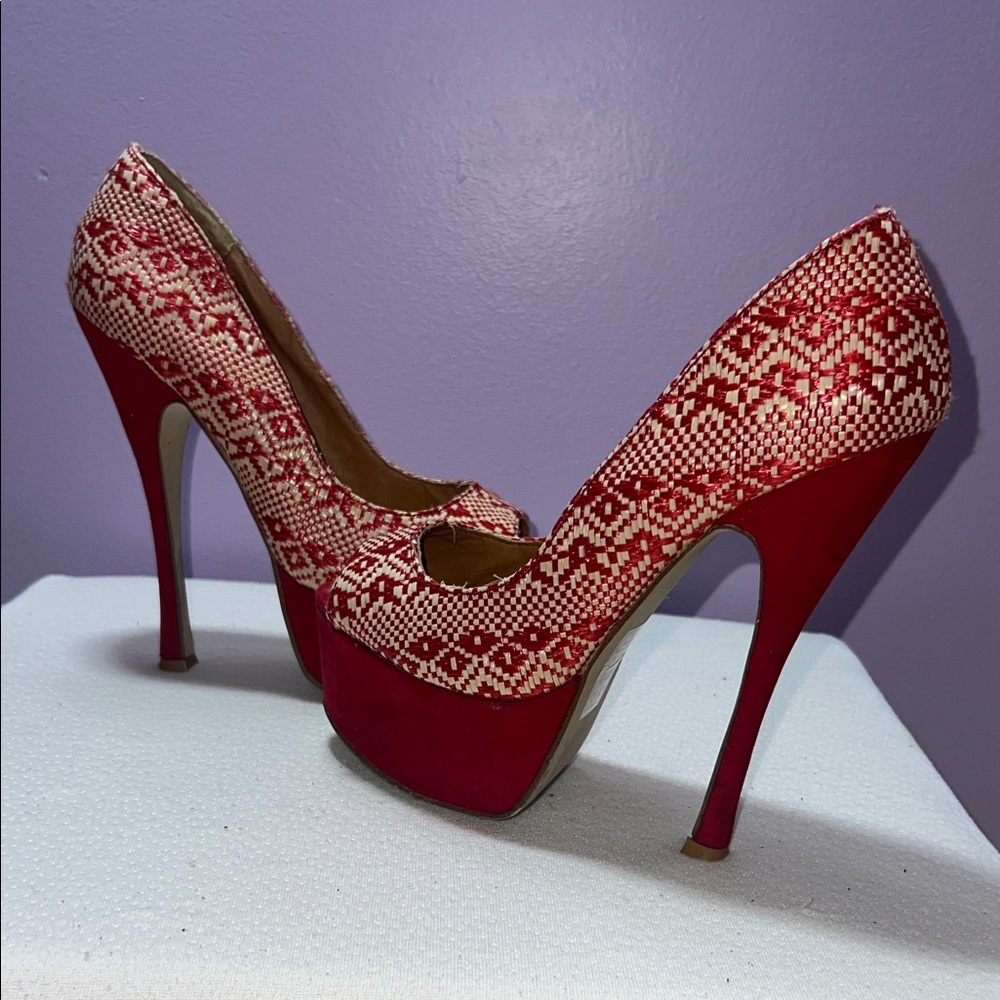 Elegant Red and White Peep-Toe Heels